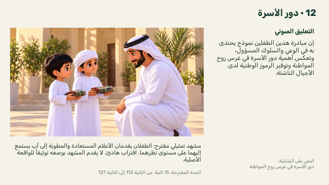 Storyboard scene: children presenting folded UAE flags to their father